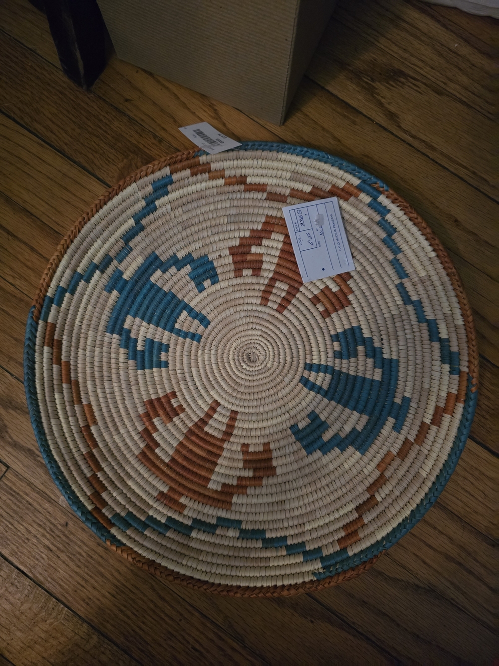 Handwoven Decorative Round Basket Tray - Teal, Rust, Natural